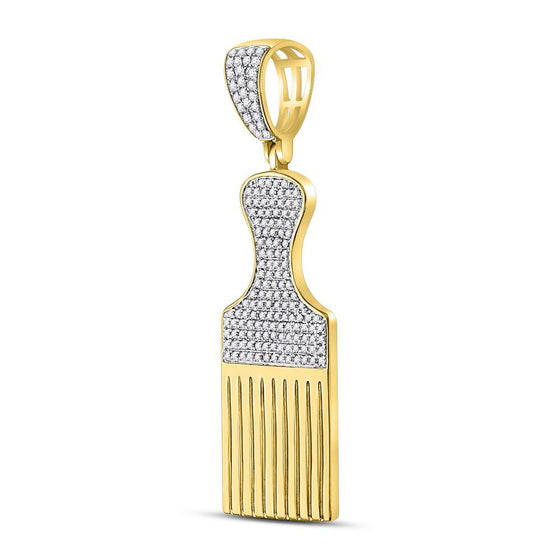 10k Yellow Gold Mens Round Diamond Afro Hair Pick Charm Pendant 1/2 Cttw