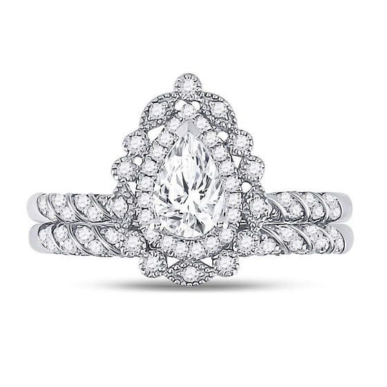 14k White Gold Pear Diamond Halo Bridal Wedding Ring Band Set 1 Cttw