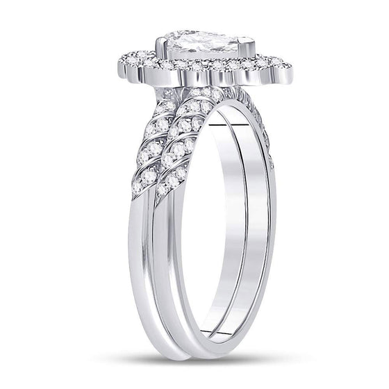 14k White Gold Pear Diamond Halo Bridal Wedding Ring Band Set 1 Cttw
