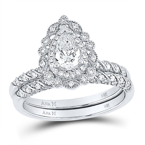 14k White Gold Pear Diamond Halo Bridal Wedding Ring Band Set 1 Cttw