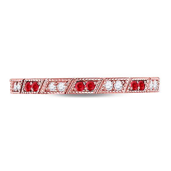 10k Rose Gold Womens Round Ruby Diamond Milgrain Stackable Band Ring 1/4 Cttw