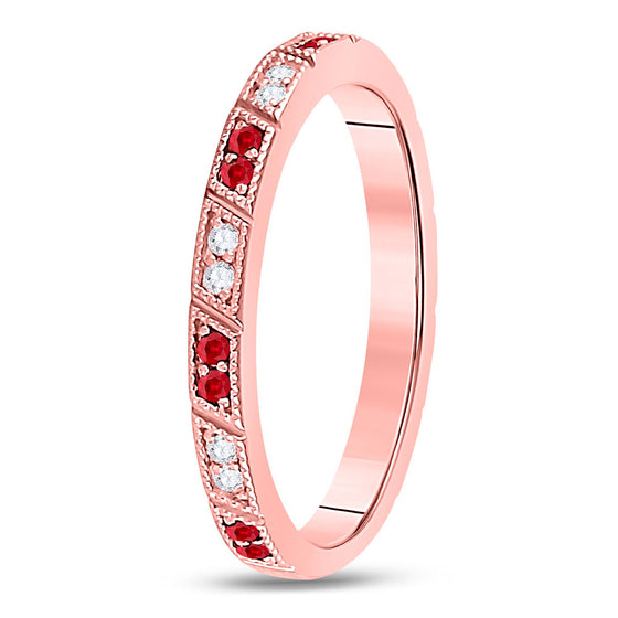 10k Rose Gold Womens Round Ruby Diamond Milgrain Stackable Band Ring 1/4 Cttw