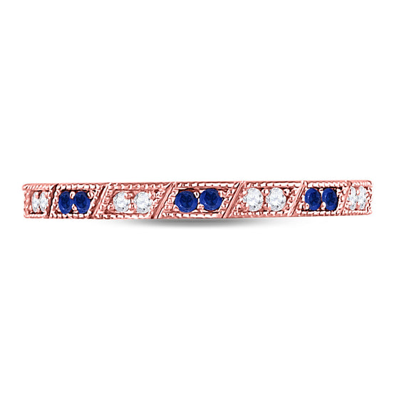 10k Rose Gold Womens Round Blue Sapphire Diamond Milgrain Stackable Band Ring 1/4 Cttw