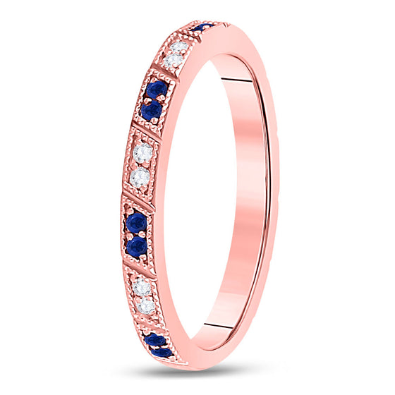 10k Rose Gold Womens Round Blue Sapphire Diamond Milgrain Stackable Band Ring 1/4 Cttw