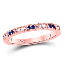  10k Rose Gold Womens Round Blue Sapphire Diamond Milgrain Stackable Band Ring 1/4 Cttw