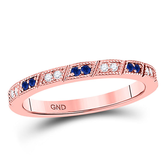 10k Rose Gold Womens Round Blue Sapphire Diamond Milgrain Stackable Band Ring 1/4 Cttw