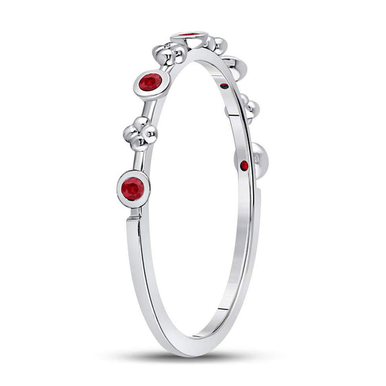 10k White Gold Womens Round Ruby Dot Flower Stackable Band Ring 1/12 Cttw