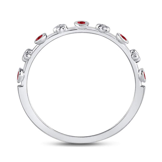10k White Gold Womens Round Ruby Dot Flower Stackable Band Ring 1/12 Cttw