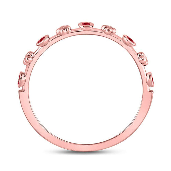 10k Rose Gold Womens Round Ruby Dot Flower Stackable Band Ring 1/12 Cttw