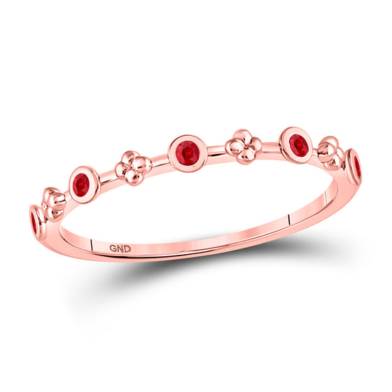 10k Rose Gold Womens Round Ruby Dot Flower Stackable Band Ring 1/12 Cttw