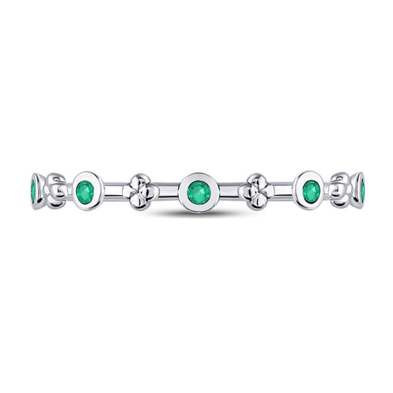10k White Gold Womens Round Emerald Dot Flower Stackable Band Ring 1/12 Cttw