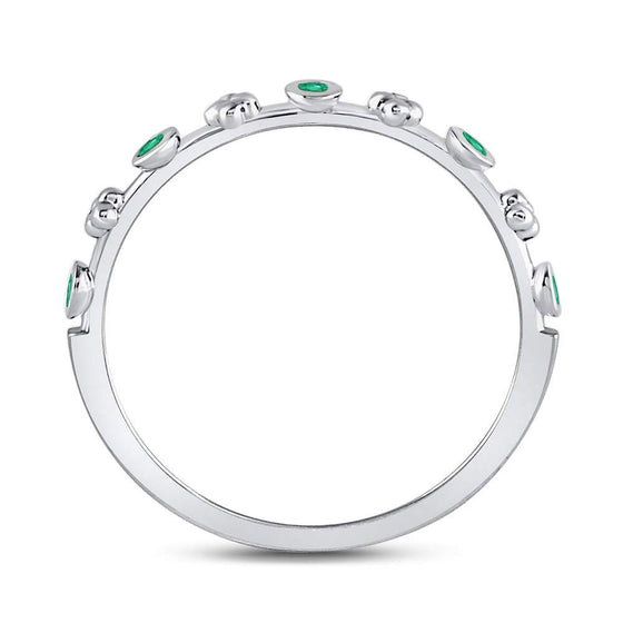 10k White Gold Womens Round Emerald Dot Flower Stackable Band Ring 1/12 Cttw