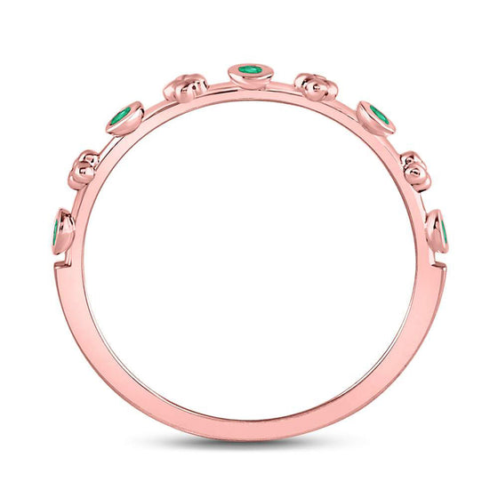 10k Rose Gold Womens Round Emerald Dot Flower Stackable Band Ring 1/12 Cttw