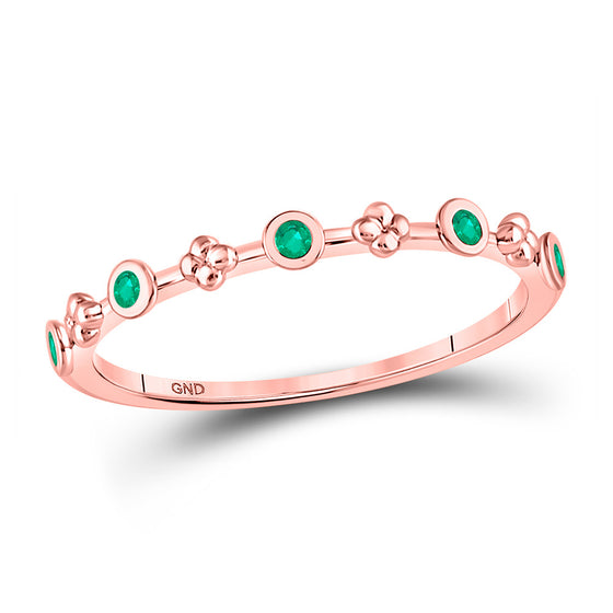 10k Rose Gold Womens Round Emerald Dot Flower Stackable Band Ring 1/12 Cttw