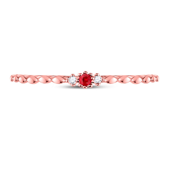 10k Rose Gold Womens Round Ruby Diamond Stackable Band Ring .03 Cttw