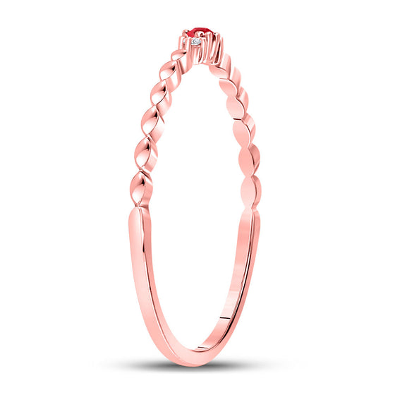 10k Rose Gold Womens Round Ruby Diamond Stackable Band Ring .03 Cttw