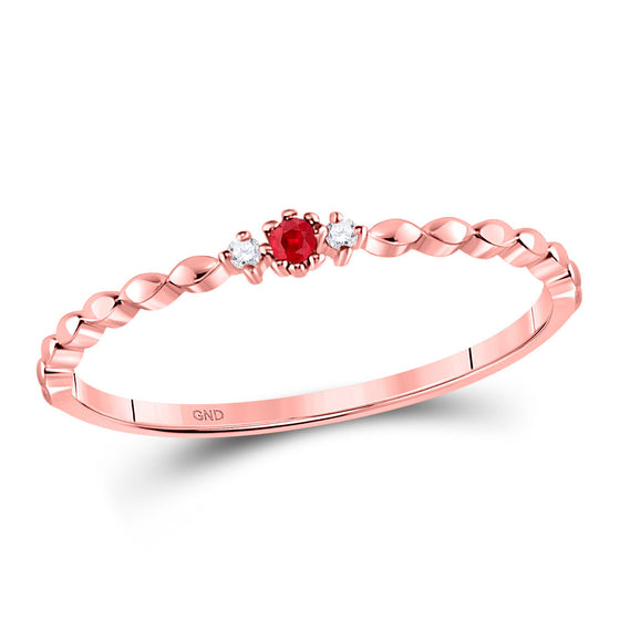 10k Rose Gold Womens Round Ruby Diamond Stackable Band Ring .03 Cttw