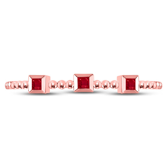 10k Rose Gold Womens Princess Ruby 3-Stone Beaded Stackable Band Ring 1/20 Cttw