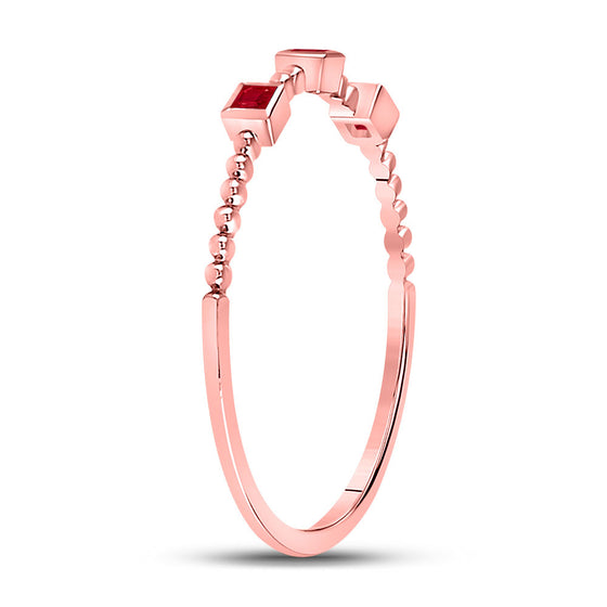 10k Rose Gold Womens Princess Ruby 3-Stone Beaded Stackable Band Ring 1/20 Cttw