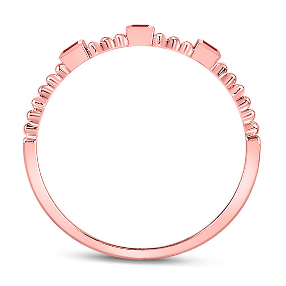 10k Rose Gold Womens Princess Ruby 3-Stone Beaded Stackable Band Ring 1/20 Cttw
