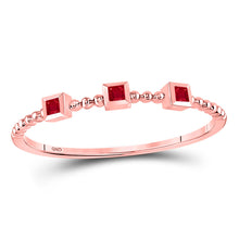  10k Rose Gold Womens Princess Ruby 3-Stone Beaded Stackable Band Ring 1/20 Cttw