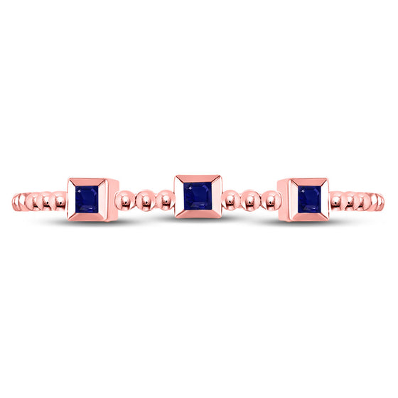 10k Rose Gold Womens Princess Blue Sapphire 3-Stone Beaded Stackable Band Ring 1/20 Cttw