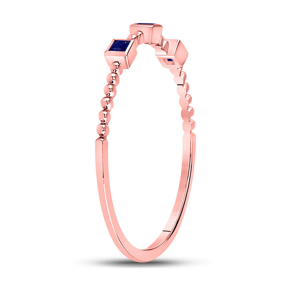 10k Rose Gold Womens Princess Blue Sapphire 3-Stone Beaded Stackable Band Ring 1/20 Cttw
