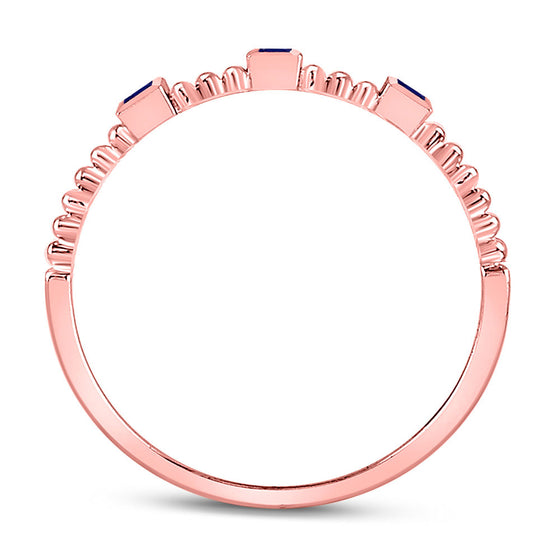 10k Rose Gold Womens Princess Blue Sapphire 3-Stone Beaded Stackable Band Ring 1/20 Cttw