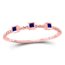  10k Rose Gold Womens Princess Blue Sapphire 3-Stone Beaded Stackable Band Ring 1/20 Cttw