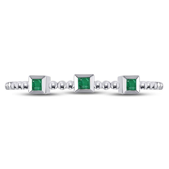 10k White Gold Womens Princess Emerald Beaded 3-stone Stackable Band Ring .03 Cttw