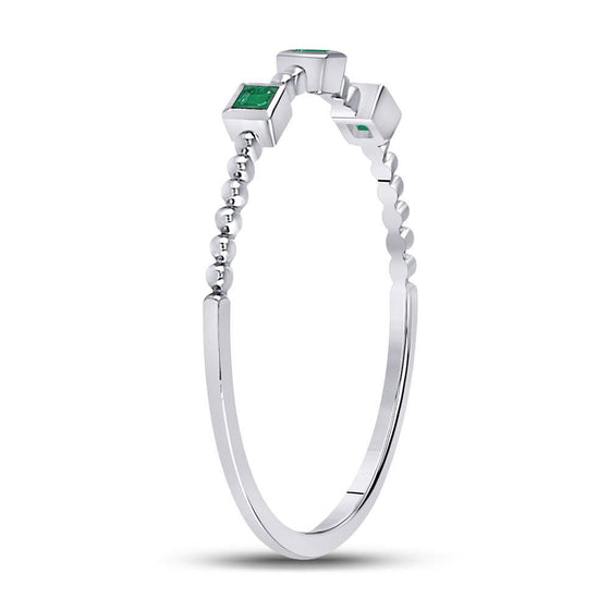 10k White Gold Womens Princess Emerald Beaded 3-stone Stackable Band Ring .03 Cttw