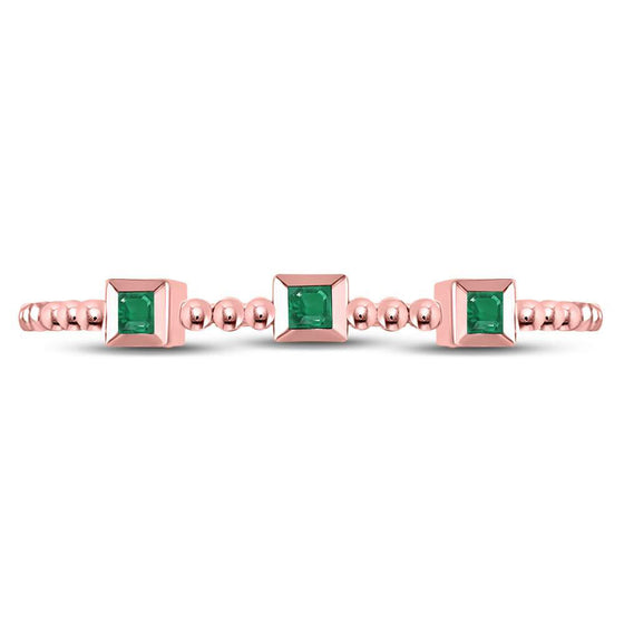 10k Rose Gold Womens Princess Emerald Beaded 3-stone Stackable Band Ring .03 Cttw