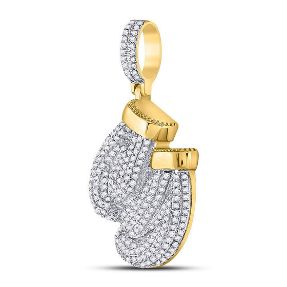 10k Yellow Gold Mens Round Diamond Boxing Gloves Sports Charm Pendant 1-3/4 Cttw