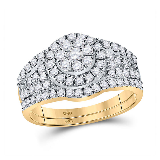 14k Yellow Gold Round Diamond Cluster Bridal Wedding Ring Band Set 1 Cttw