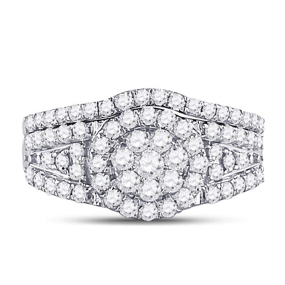 14k White Gold Round Diamond Cluster Bridal Wedding Ring Band Set 1 Cttw