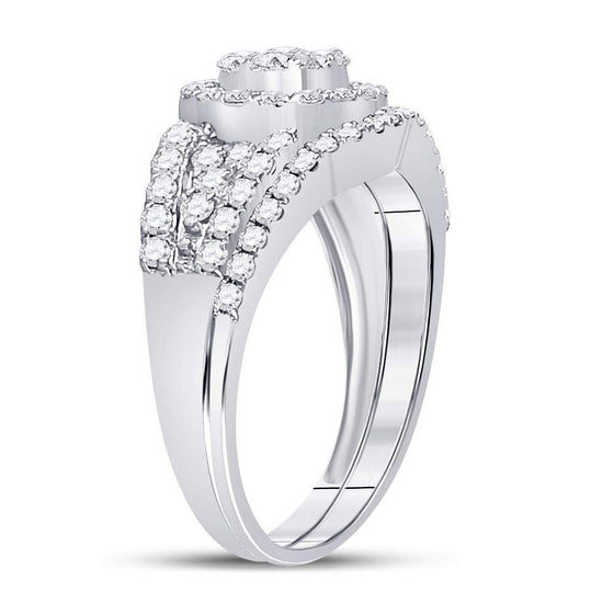 14k White Gold Round Diamond Cluster Bridal Wedding Ring Band Set 1 Cttw