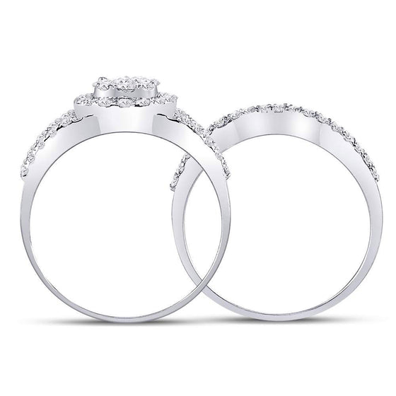 14k White Gold Round Diamond Cluster Bridal Wedding Ring Band Set 1 Cttw