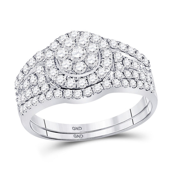 14k White Gold Round Diamond Cluster Bridal Wedding Ring Band Set 1 Cttw