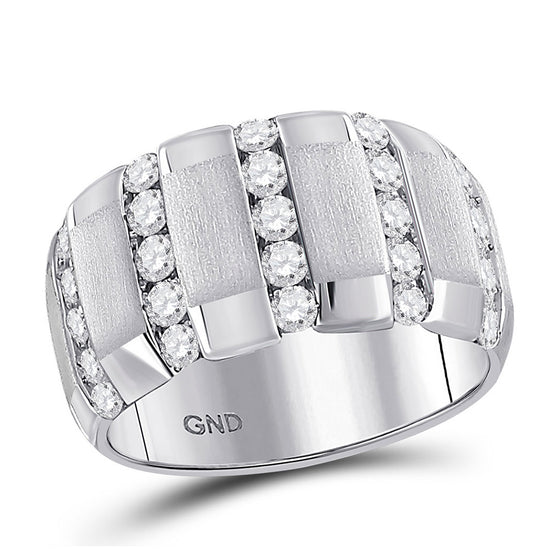 14k White Gold Mens Round Diamond Striped Matte Wedding Band Ring 1-1/2 Cttw