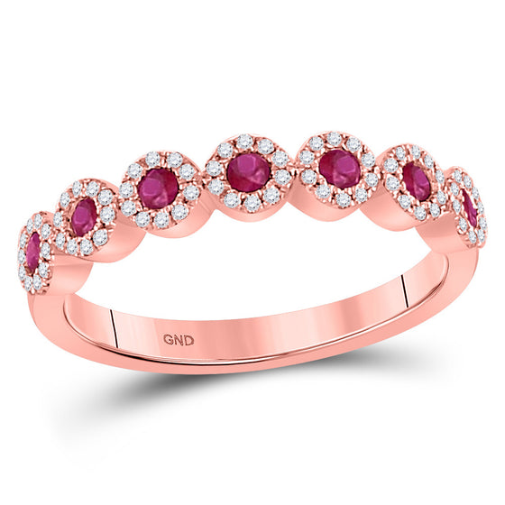 10k Rose Gold Womens Round Ruby Halo Stackable Band Ring 1/2 Cttw