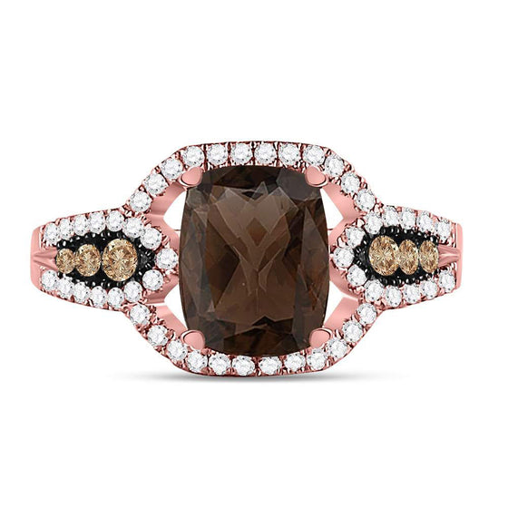 10k Rose Gold Womens Cushion Smoky Quartz Brown Diamond Solitaire Ring 2-1/3 Cttw