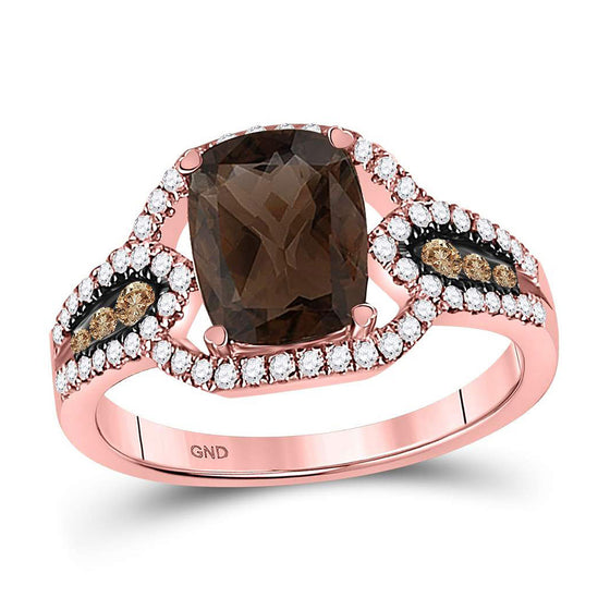 10k Rose Gold Womens Cushion Smoky Quartz Brown Diamond Solitaire Ring 2-1/3 Cttw