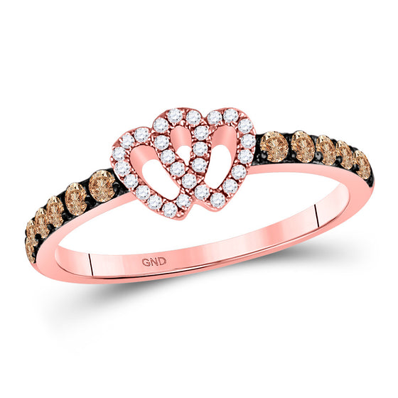 10k Rose Gold Womens Round Brown Diamond Heart Ring 1/3 Cttw