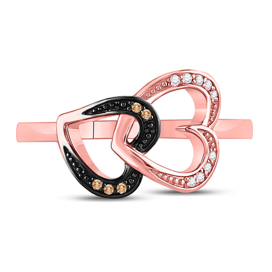 10k Rose Gold Womens Round Brown Diamond Double Heart Ring 1/20 Cttw