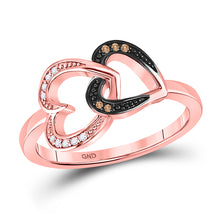  10k Rose Gold Womens Round Brown Diamond Double Heart Ring 1/20 Cttw