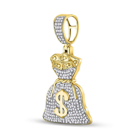10k Yellow Gold Mens Round Diamond Money Bag Dollar Charm Pendant 1/2 Cttw