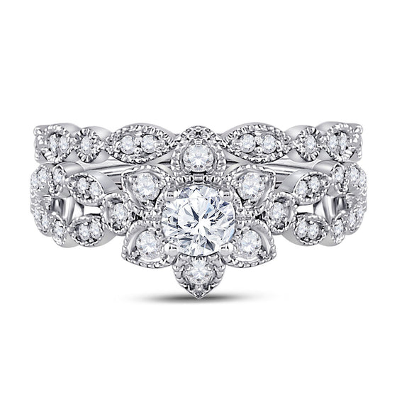 14k Two-tone Gold Round Diamond Flower Bridal Wedding Ring Band Set 3/4 Cttw