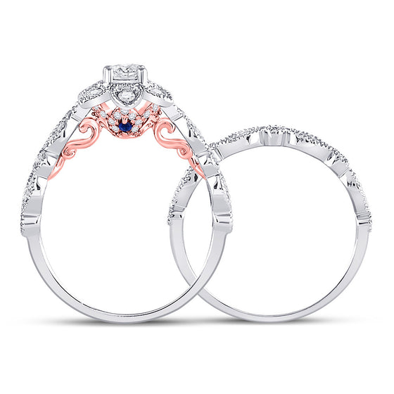 14k Two-tone Gold Round Diamond Flower Bridal Wedding Ring Band Set 3/4 Cttw
