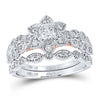 14k Two-tone Gold Round Diamond Flower Bridal Wedding Ring Band Set 3/4 Cttw