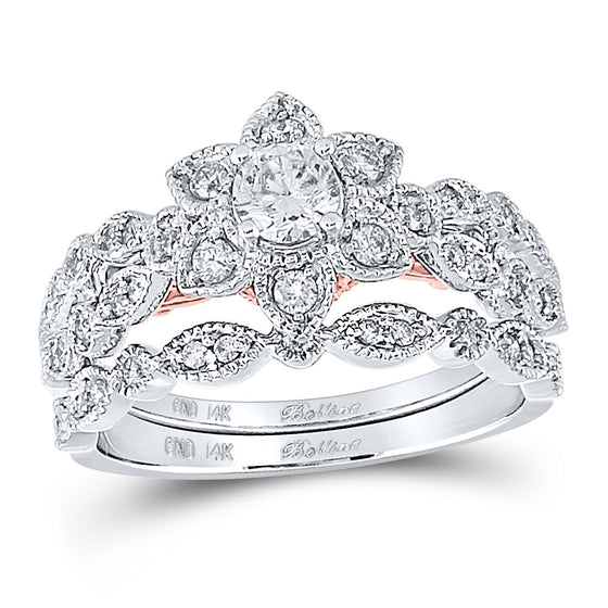 14k Two-tone Gold Round Diamond Flower Bridal Wedding Ring Band Set 3/4 Cttw